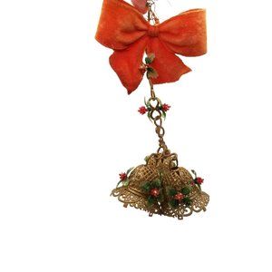 Vtg Christmas Decor Plastic Bells and Bow Hanging Holly Chain Gold Red Holiday